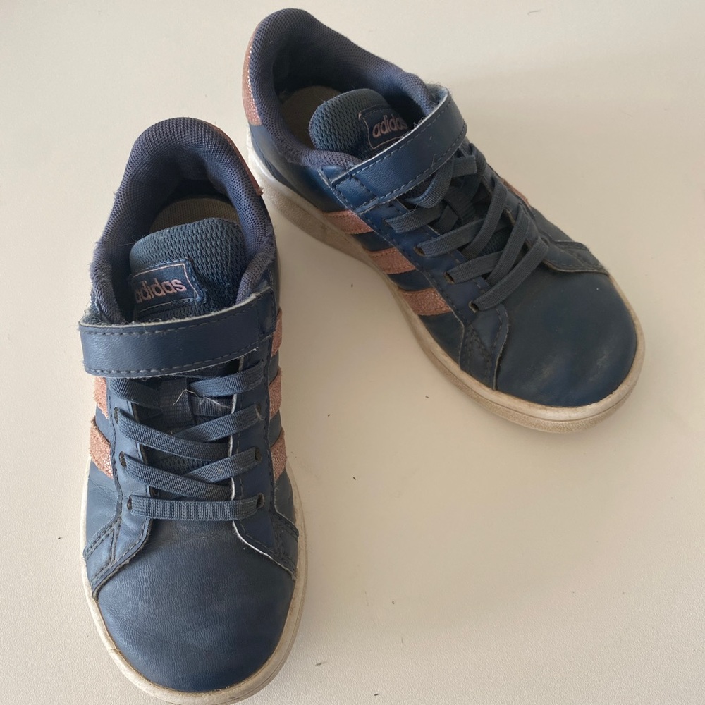 Navy & Pink Glitter Adidas slip on sneakers